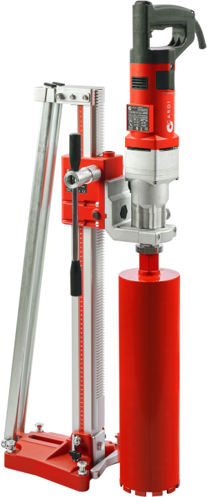 CARDI 185 hand-held core drill with stand and core bit for wet and dry drilling.