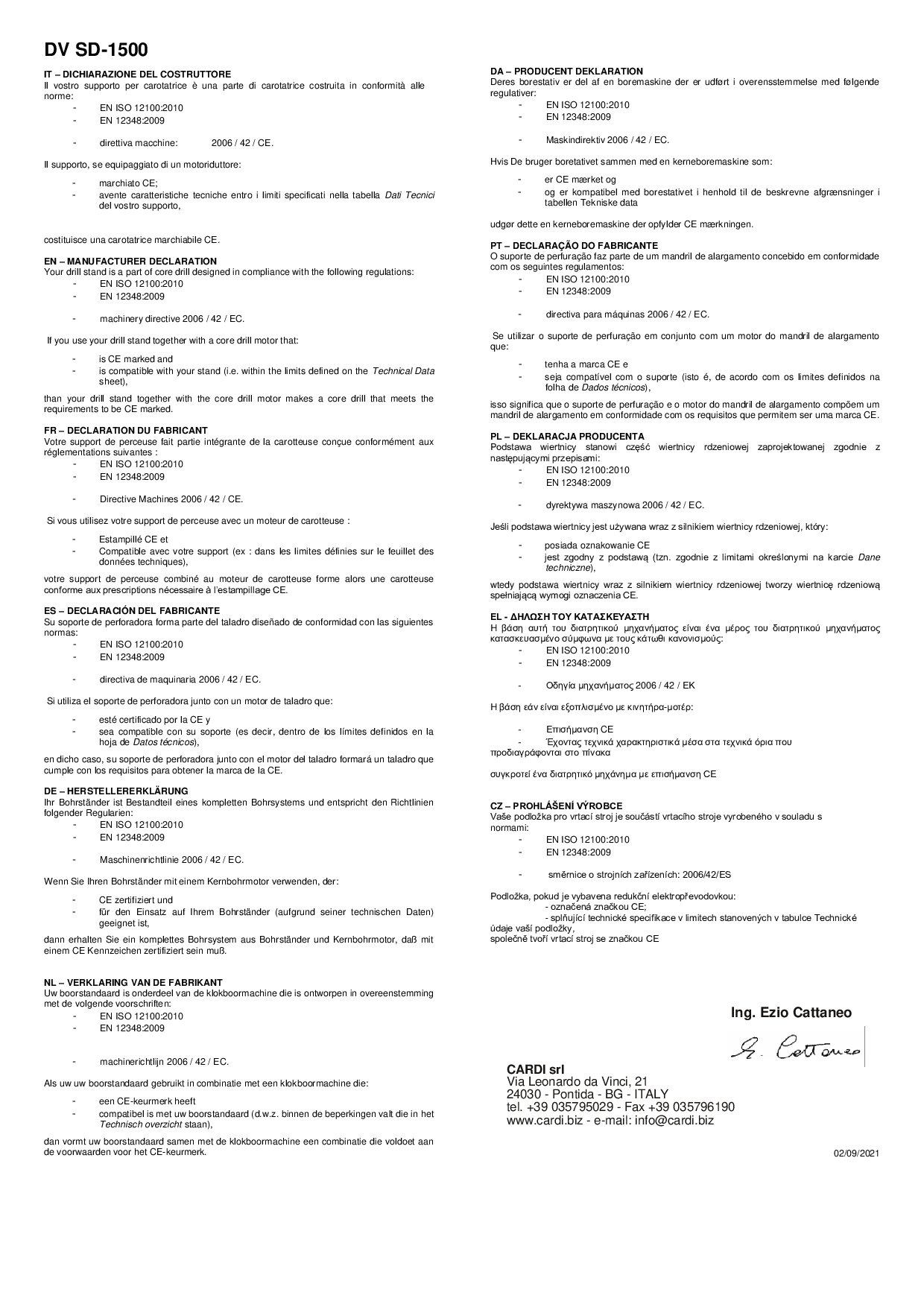DV SD-1500 Manufacturer Declaration 20211014