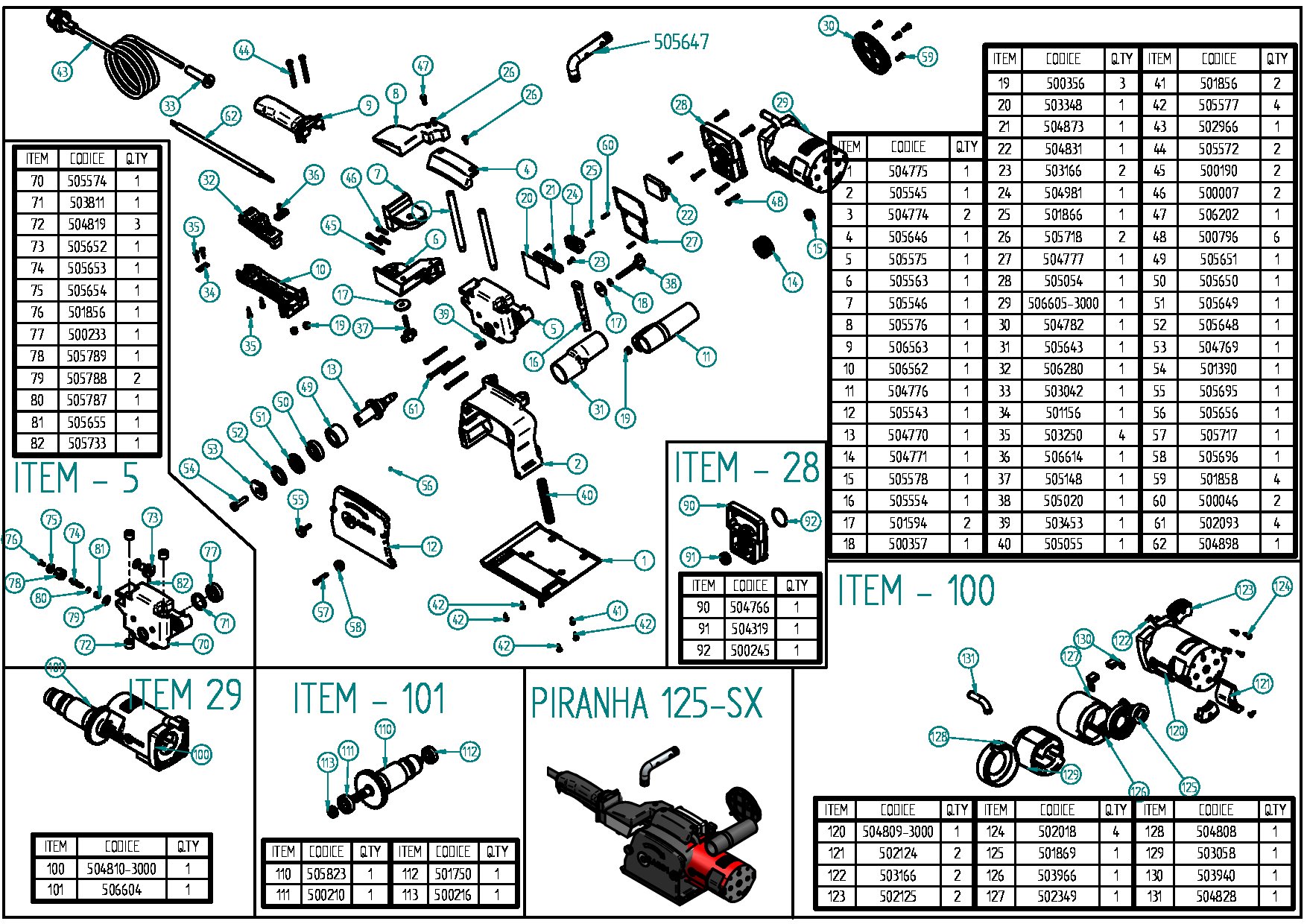 PIRANHA 125-SX 230V Exploded drawing 20250117