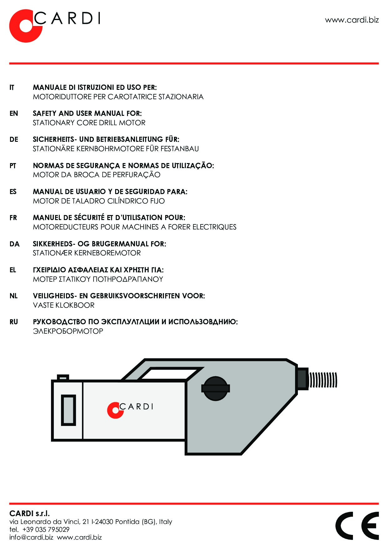 Stationary Drill Motors CARDI Manual IT-EN-DE-PT-ES-FR-DA-EL-NL-RU 20210806